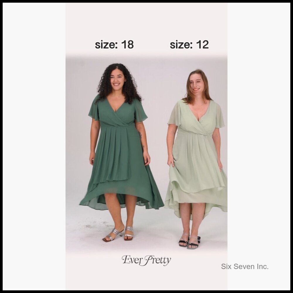 Chiffon V-Neck Ruched Midi High Low Formal Dress Short Sleeves - Picture 7 of 7